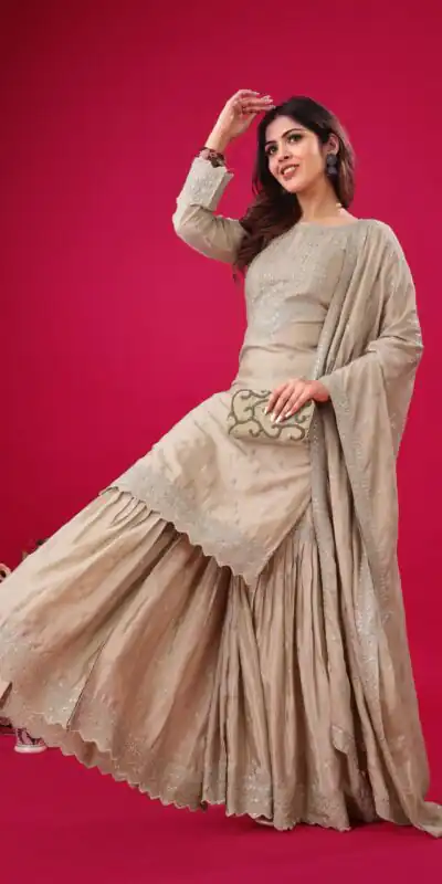 ZF 5006 Cream Color Chinon Silk Sequence Work Salwar Suit Casual, Wedding, Festive, Events . Expected Delivery  4-6 Working Days @2149/- only      | Jump Suits, Salwar suit, Casual Suits, Creative suits, Designer Suits, Palazzo Suits, Party Wear Suits, Patiala Suits, Straight Suits