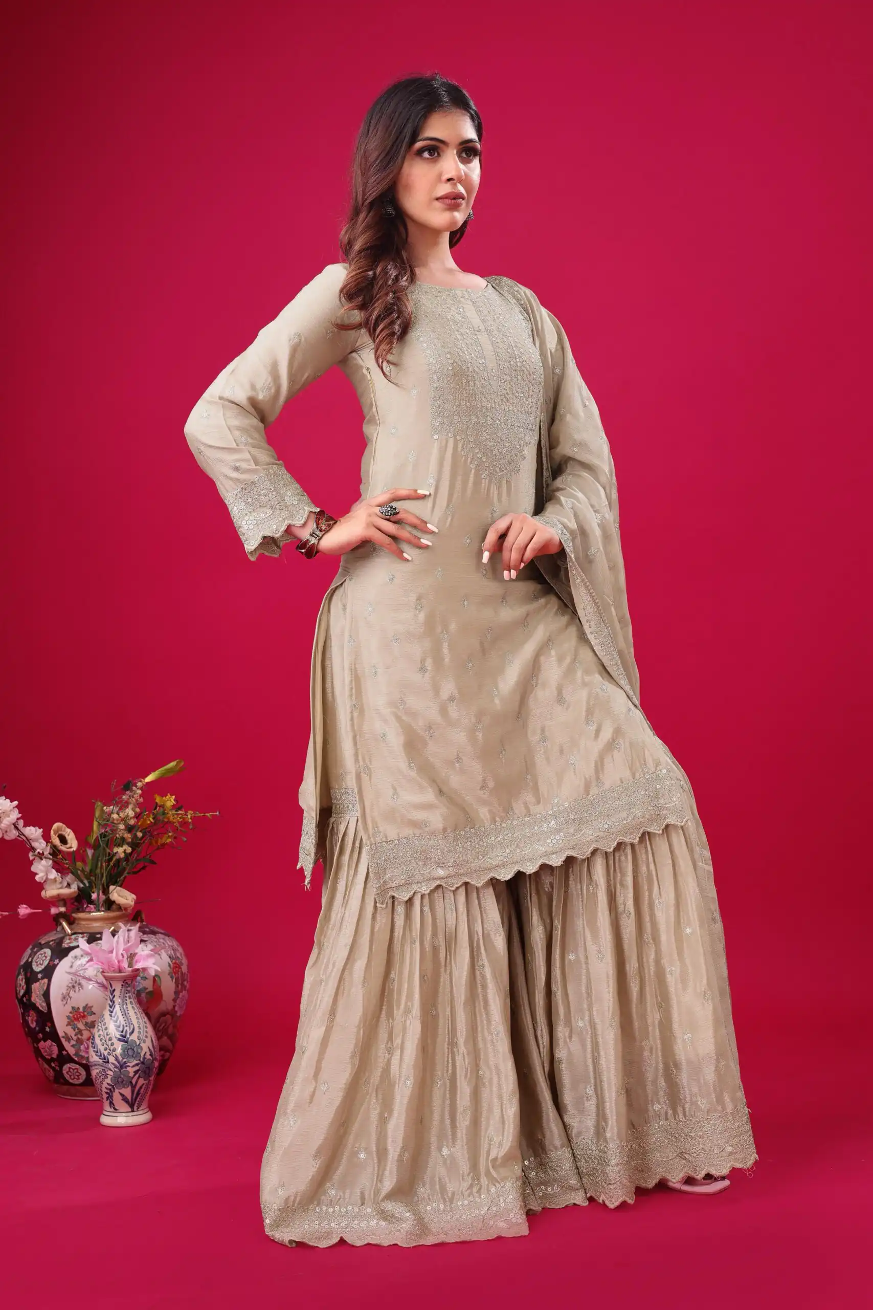 ZF 5006 Cream Color Chinon Silk Sequence Work Salwar Suit Casual, Wedding, Festive, Events . Expected Delivery  4-6 Working Days @2149/- only      | Jump Suits, Salwar suit, Casual Suits, Creative suits, Designer Suits, Palazzo Suits, Party Wear Suits, Patiala Suits, Straight Suits