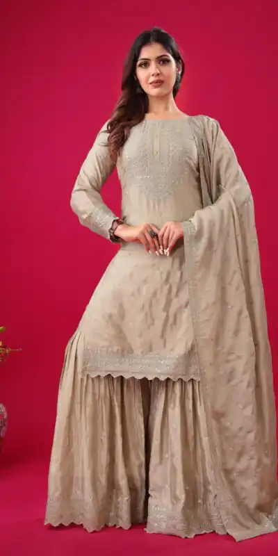 ZF 5006 Cream Color Chinon Silk Sequence Work Salwar Suit Casual, Wedding, Festive, Events . Expected Delivery  4-6 Working Days @2149/- only      | Jump Suits, Salwar suit, Casual Suits, Creative suits, Designer Suits, Palazzo Suits, Party Wear Suits, Patiala Suits, Straight Suits