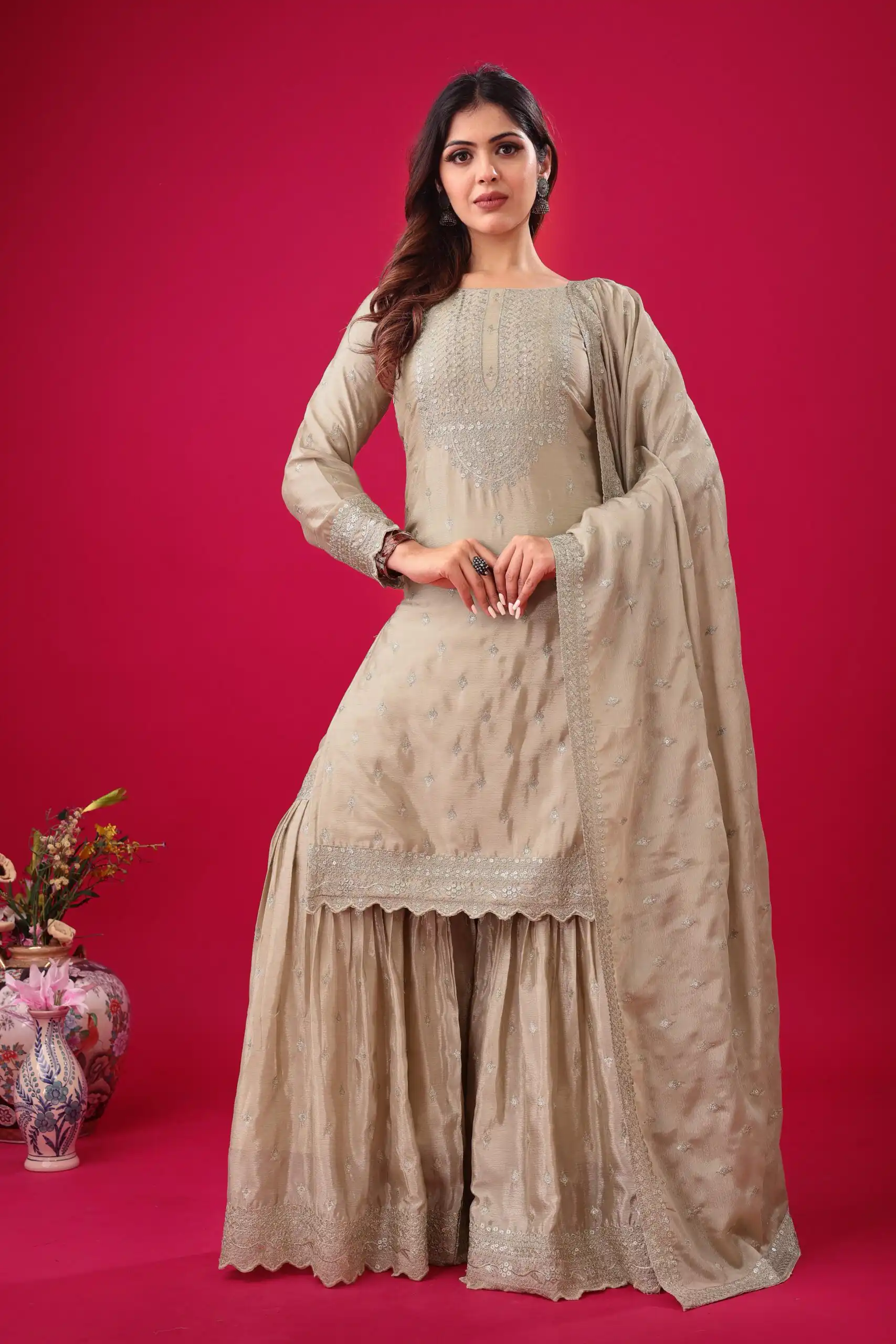 ZF 5006 Cream Color Chinon Silk Sequence Work Salwar Suit Casual, Wedding, Festive, Events . Expected Delivery  4-6 Working Days @2149/- only      | Jump Suits, Salwar suit, Casual Suits, Creative suits, Designer Suits, Palazzo Suits, Party Wear Suits, Patiala Suits, Straight Suits