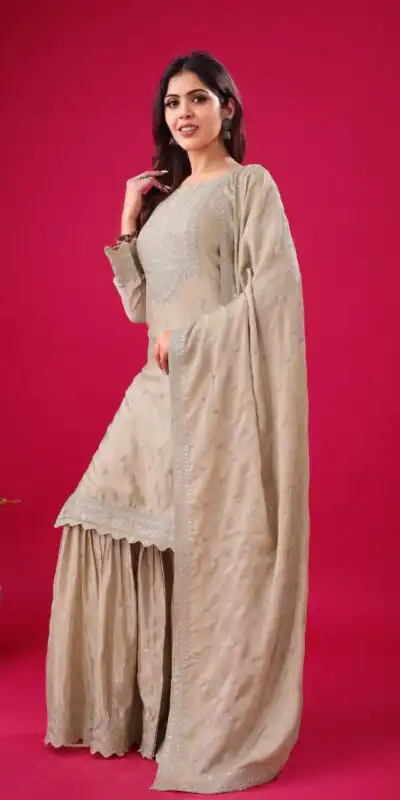 ZF 5006 Cream Color Chinon Silk Sequence Work Salwar Suit Casual, Wedding, Festive, Events . Expected Delivery  4-6 Working Days @2149/- only      | Jump Suits, Salwar suit, Casual Suits, Creative suits, Designer Suits, Palazzo Suits, Party Wear Suits, Patiala Suits, Straight Suits