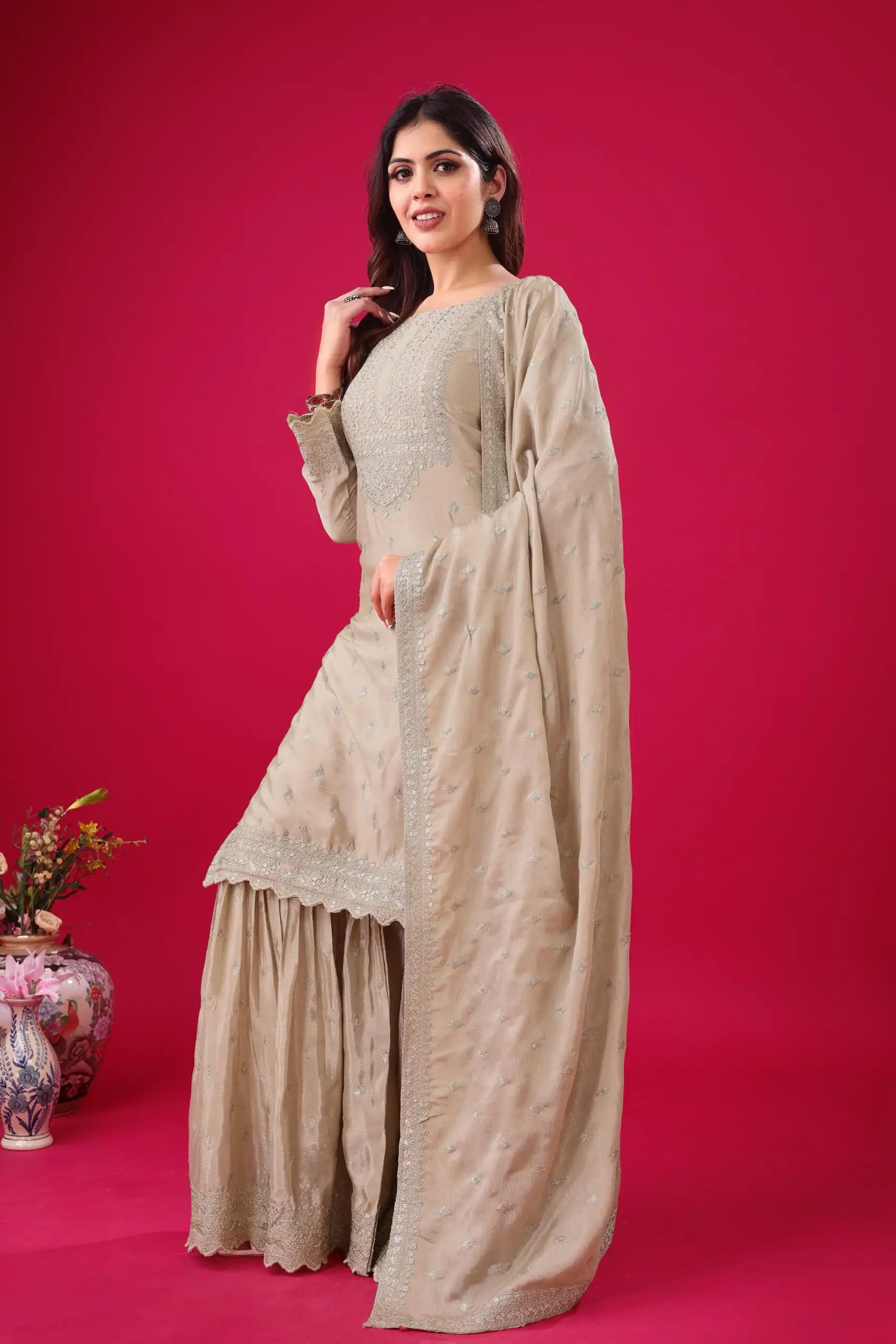 ZF 5006 Cream Color Chinon Silk Sequence Work Salwar Suit Casual, Wedding, Festive, Events . Expected Delivery  4-6 Working Days @2149/- only      | Jump Suits, Salwar suit, Casual Suits, Creative suits, Designer Suits, Palazzo Suits, Party Wear Suits, Patiala Suits, Straight Suits