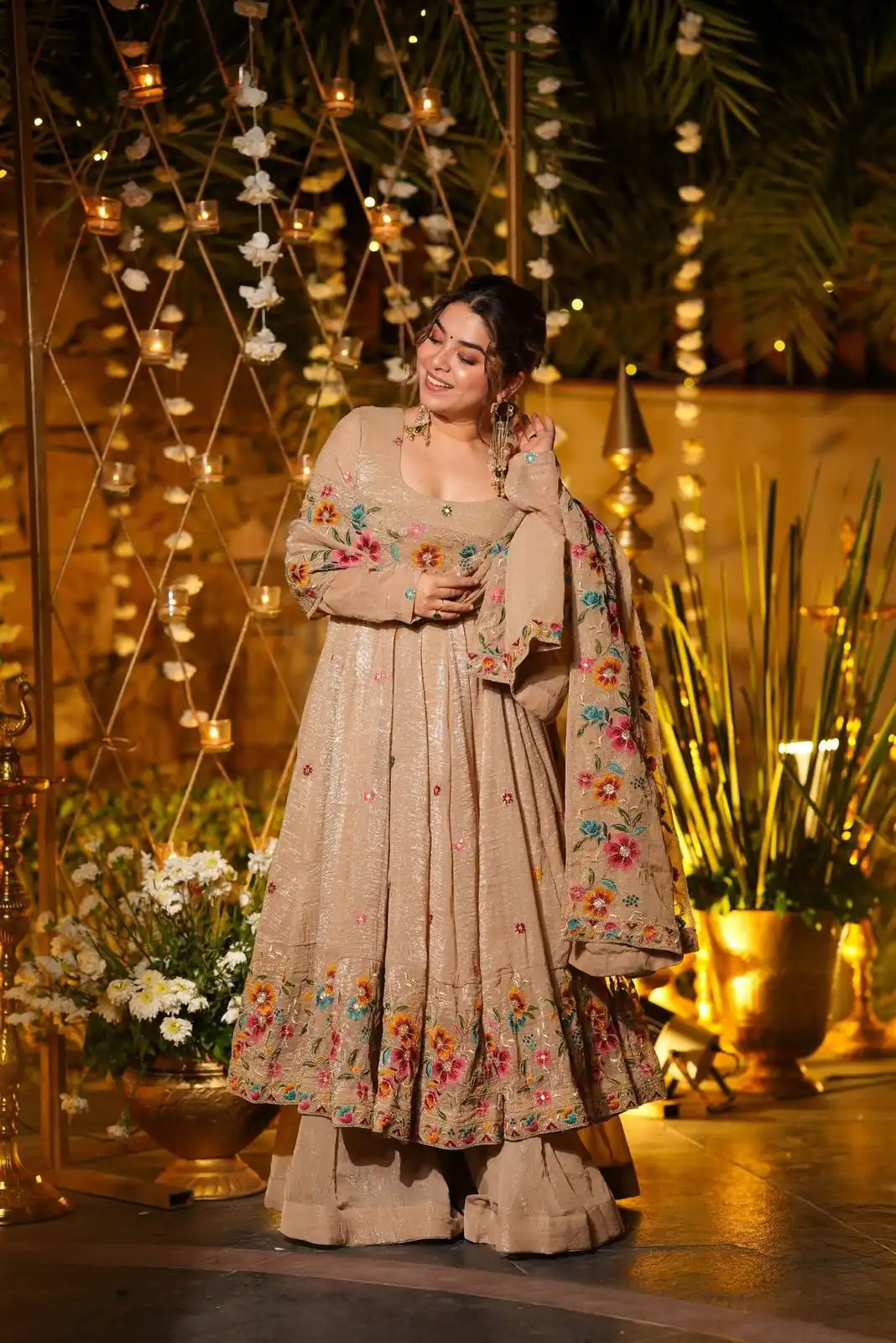 NSR 880 Cream Crunchy Silk Gown with Embroidery Work. Wedding, Party, Festive, Events Grab it for ₹2249. Delivery 4-6 Working Days. Shop now. | Gowns, Bollywood Gowns, Creative Gowns, Designer Gowns, Embroidered Gowns, Party Wear Gowns