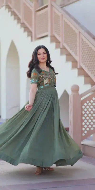 KA 1170 Dark Pista Color Silver Crunchy Gown with Embroidery Work. Introductory Price ₹1799. Delivery 4-6 Working Days. Shop now. | Gowns, Bollywood Gowns, Creative Gowns, Designer Gowns, Embroidered Gowns, Party Wear Gowns