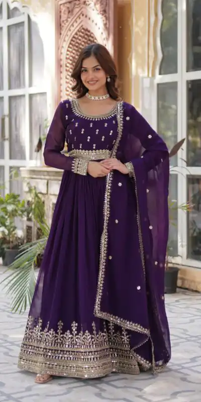 KA 1144 Dark Purple Faux Blooming Gown with Embroidery Work & Zari Work. Exclusive Offer ₹2449. Delivery 4-6 Working Days. Shop now. | Gowns, Bollywood Gowns, Creative Gowns, Designer Gowns, Embroidered Gowns, Party Wear Gowns