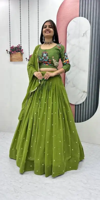 PC 541 Green Cotton Lehenga Choli with Kalamkari Print & Embroidery Work. Introductory Price ₹2099. Delivery 4-6 Working Days. Shop now. | Lehenga, Bollywood Lehenga, Creative Lehenga, Designer Lehenga, Embroidered Lehenga, Party Wear Lehenga