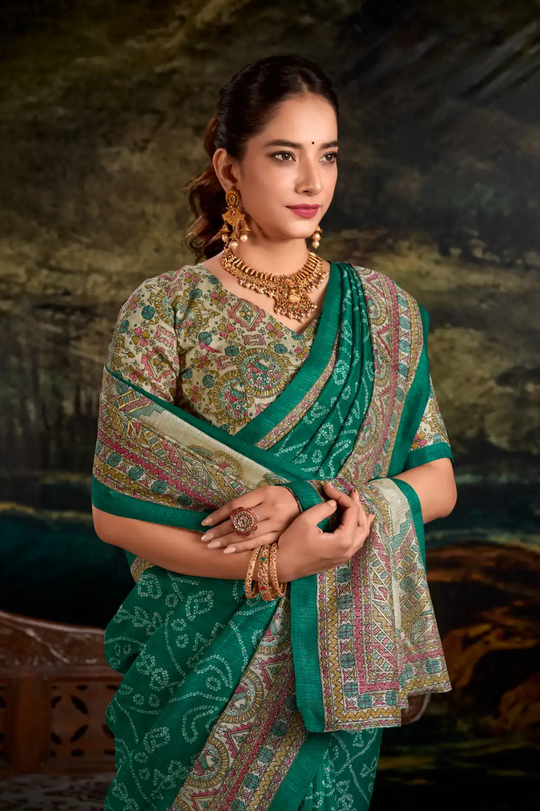 YNF 7209 Green Color Green Silk Fusion Print Madhubani Bandhej Saree Casual, Wedding, Festive, Events . Expected Delivery  4-6 Working Days @1499/- only                                                                                | Sarees, Bollywood Sarees, Creative Sarees, Designer Sarees, Embroidered Sarees, Ethnic Saree, Modern Digital sarees, Party Wear Sarees