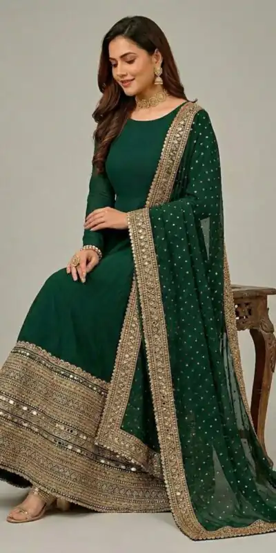 ZSR 3152 Green Color Roman silk Gown with Embroidery Work & Lace Work. Grab it for ₹2599. Delivery 4-6 Working Days. Shop now. | Gowns, Bollywood Gowns, Creative Gowns, Designer Gowns, Embroidered Gowns, Party Wear Gowns