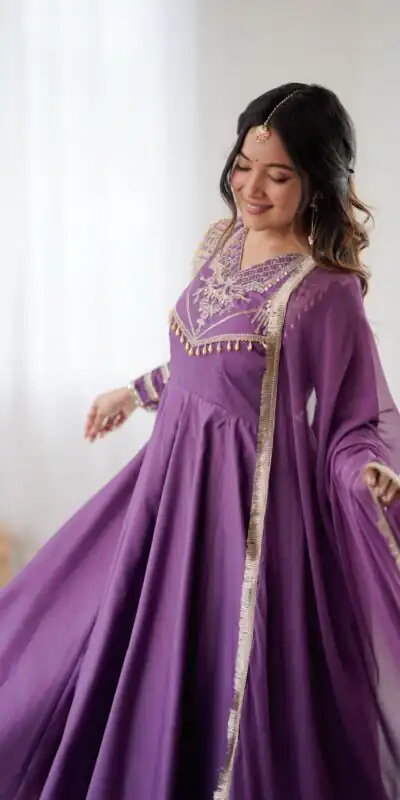ZSR 3149 Lavender Roman silk Gown Perfect for Wedding, Party, Sangeet, Haldi, Lohri – . Introductory Price ₹2099. Delivery 4-6 Working Days. Shop now. | Gowns, Bollywood Gowns, Creative Gowns, Designer Gowns, Embroidered Gowns, Party Wear Gowns