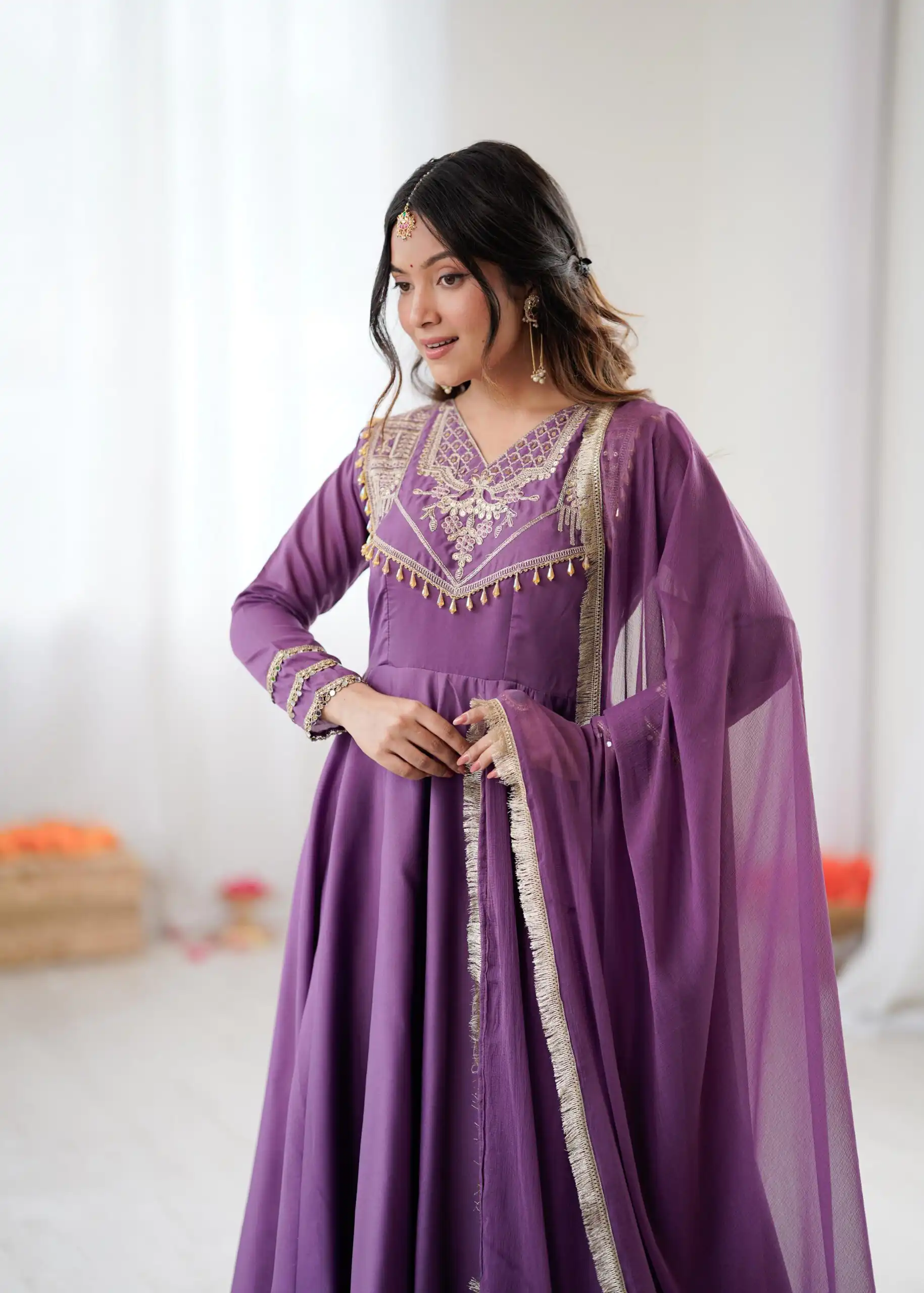 ZSR 3149 Lavender Roman silk Gown Perfect for Wedding, Party, Sangeet, Haldi, Lohri – . Introductory Price ₹2099. Delivery 4-6 Working Days. Shop now. | Gowns, Bollywood Gowns, Creative Gowns, Designer Gowns, Embroidered Gowns, Party Wear Gowns