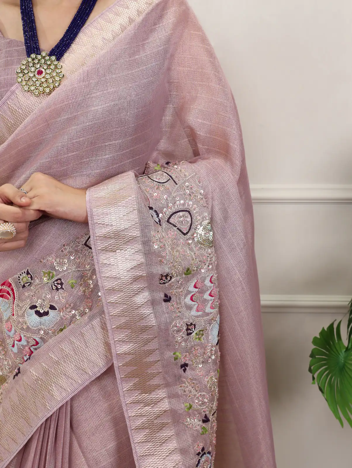 Light Pink Kota Tissue Zari Embroidery Work Saree - Image 2