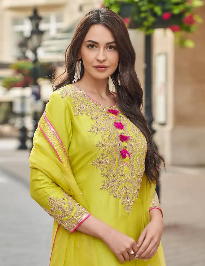FC Sayuuri 5595 Lime Yellow Georgette Salwar Suit with Embroidery Work & Lace Work. Special Price ₹3149. Delivery 4-6 Working Days. Shop now. | Casual Suits, Jump Suits, Tops & Bottoms, Track Suits, Salwar suit, Creative suits, Designer Suits, Palazzo Suits, Party Wear Suits, Patiala Suits, Straight Suits, Trendy Wear