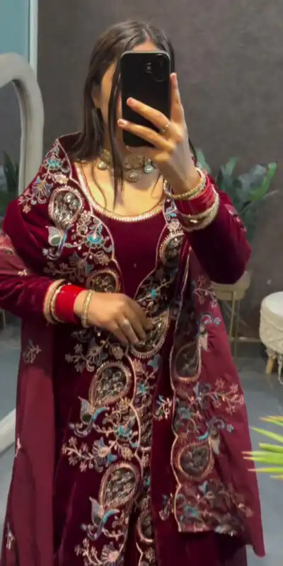 ST 1148 Maroon 9000 Velvet Salwar Suit with Embroidery Work & Lace Work. Get it for ₹2449. Delivery 4-6 Working Days. Shop now. | Casual Suits, Jump Suits, Tops & Bottoms, Track Suits, Salwar suit, Creative suits, Designer Suits, Palazzo Suits, Party Wear Suits, Patiala Suits, Straight Suits, Trendy Wear