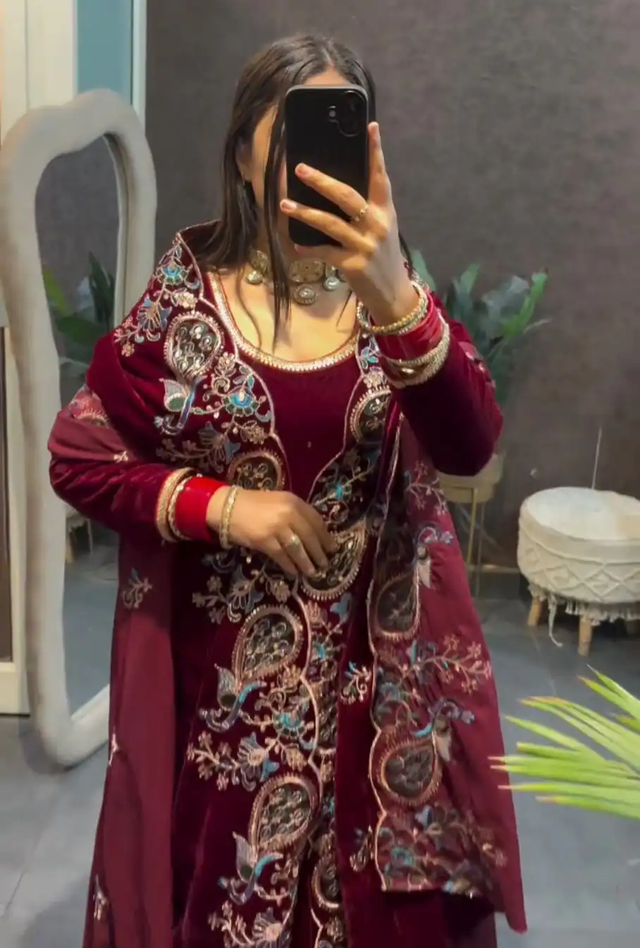 ST 1148 Maroon 9000 Velvet Salwar Suit with Embroidery Work & Lace Work. Get it for ₹2449. Delivery 4-6 Working Days. Shop now. | Casual Suits, Jump Suits, Tops & Bottoms, Track Suits, Salwar suit, Creative suits, Designer Suits, Palazzo Suits, Party Wear Suits, Patiala Suits, Straight Suits, Trendy Wear