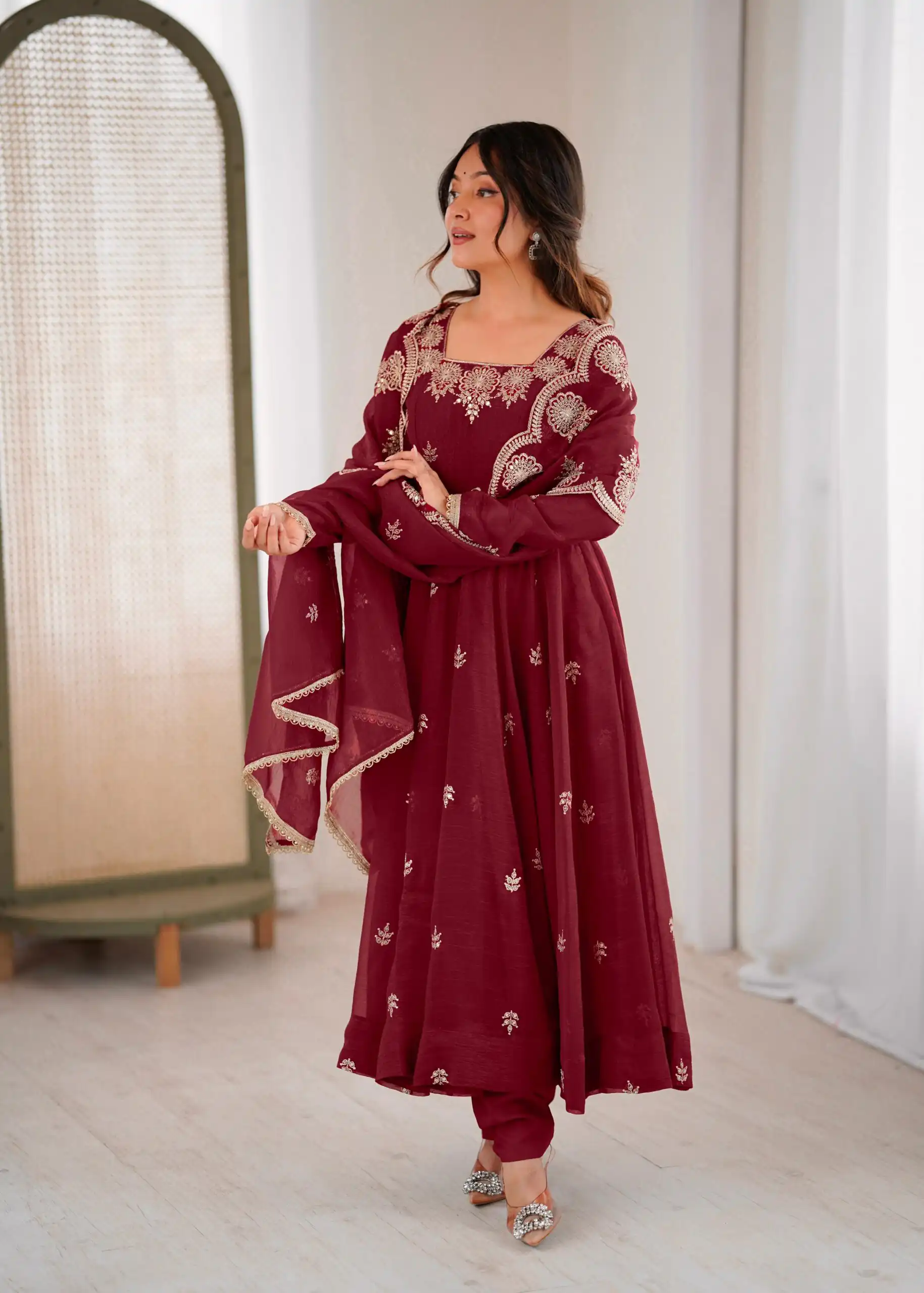ZF 5011 Maroon Crunchy Silk Gown with Embroidery Work. Wedding, Party, Festive, Events Best Price ₹2099. Delivery 4-6 Working Days. Shop now. | Gowns, Bollywood Gowns, Creative Gowns, Designer Gowns, Embroidered Gowns, Party Wear Gowns