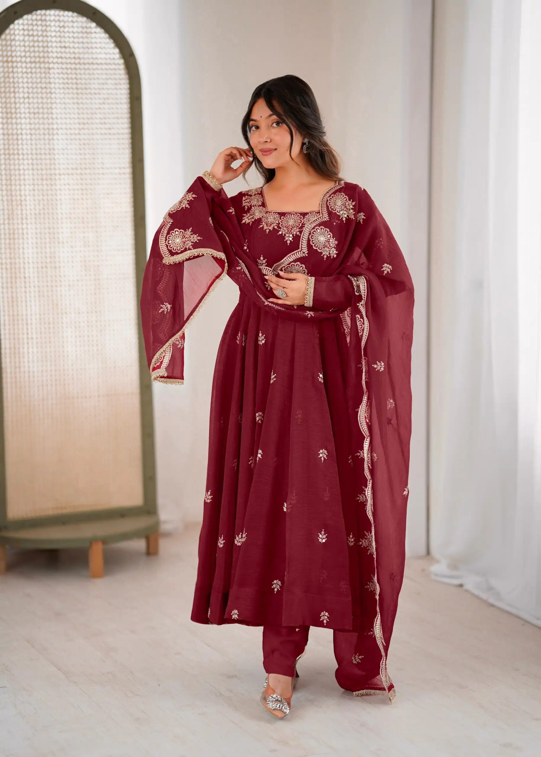 ZF 5011 Maroon Crunchy Silk Gown with Embroidery Work. Wedding, Party, Festive, Events Best Price ₹2099. Delivery 4-6 Working Days. Shop now. | Gowns, Bollywood Gowns, Creative Gowns, Designer Gowns, Embroidered Gowns, Party Wear Gowns