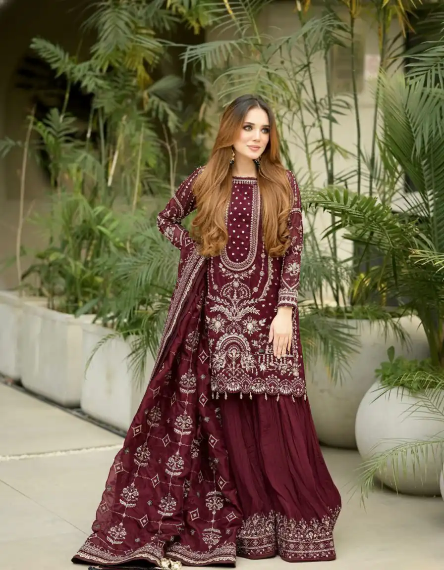 AD 213 Maroon Khajuri Crush Georgette Salwar Suit with Lace Work & Embroidery Work. Festive Deal ₹2649. Delivery 4-6 Working Days. Shop now. | Jump Suits, Tops & Bottoms, Track Suits, Salwar suit, Casual Suits, Creative suits, Designer Suits, Palazzo Suits, Party Wear Suits, Patiala Suits, Straight Suits, Trendy Wear