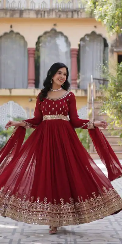 KA 1144 Maroon Faux Blooming Gown with Embroidery Work & Zari Work. Exclusive Offer ₹2449. Delivery 4-6 Working Days. Shop now. | Gowns, Bollywood Gowns, Creative Gowns, Designer Gowns, Embroidered Gowns, Party Wear Gowns