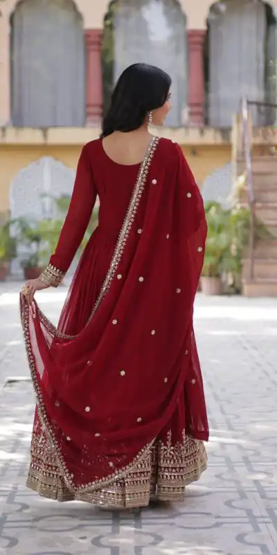 KA 1144 Maroon Faux Blooming Gown with Embroidery Work & Zari Work. Exclusive Offer ₹2449. Delivery 4-6 Working Days. Shop now. | Gowns, Bollywood Gowns, Creative Gowns, Designer Gowns, Embroidered Gowns, Party Wear Gowns