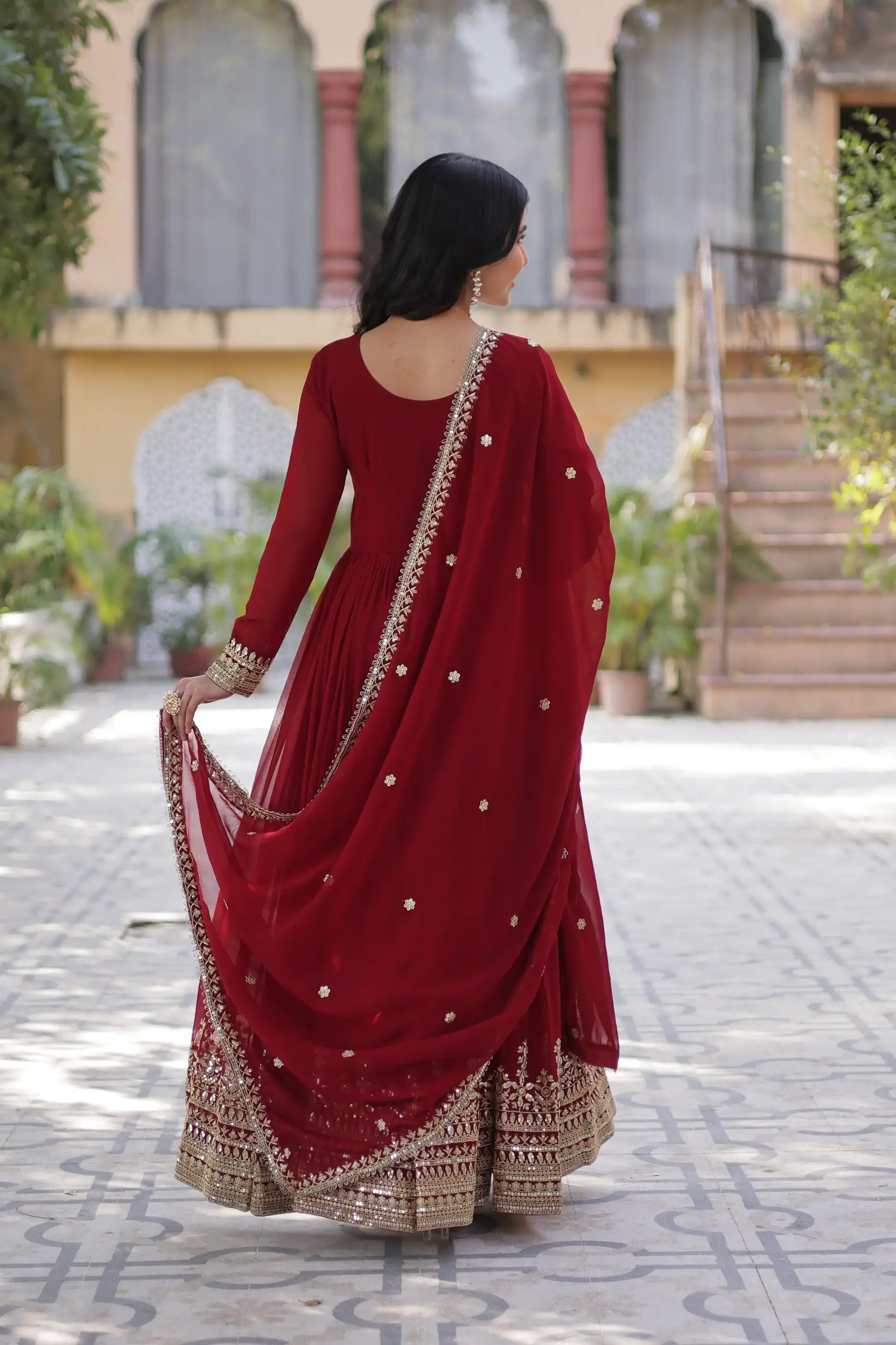 KA 1144 Maroon Faux Blooming Gown with Embroidery Work & Zari Work. Exclusive Offer ₹2449. Delivery 4-6 Working Days. Shop now. | Gowns, Bollywood Gowns, Creative Gowns, Designer Gowns, Embroidered Gowns, Party Wear Gowns