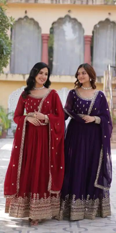 KA 1144 Maroon Faux Blooming Gown with Embroidery Work & Zari Work. Exclusive Offer ₹2449. Delivery 4-6 Working Days. Shop now. | Gowns, Bollywood Gowns, Creative Gowns, Designer Gowns, Embroidered Gowns, Party Wear Gowns