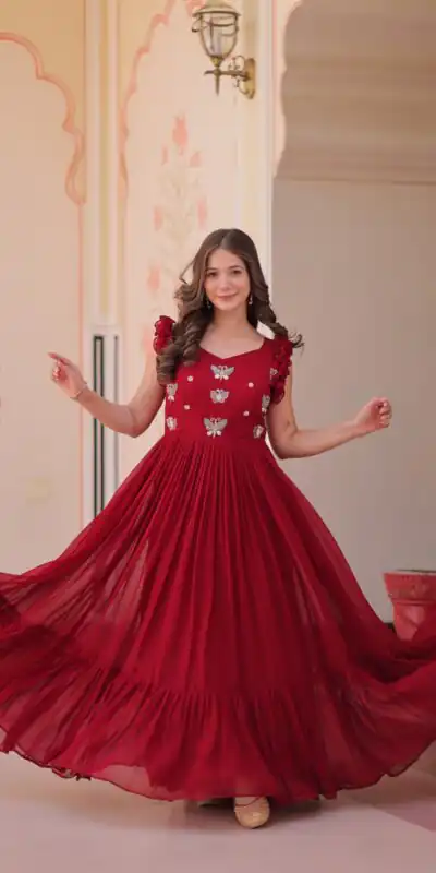 KA 1174 Maroon Faux Blooming Gown Perfect for Wedding, Party, Housewarming, Baby Shower, Raksha Bandhan – . Now at just ₹1699. Delivery 4-6 Working Dasy | Gowns, Bollywood Gowns, Creative Gowns, Designer Gowns, Embroidered Gowns, Party Wear Gowns