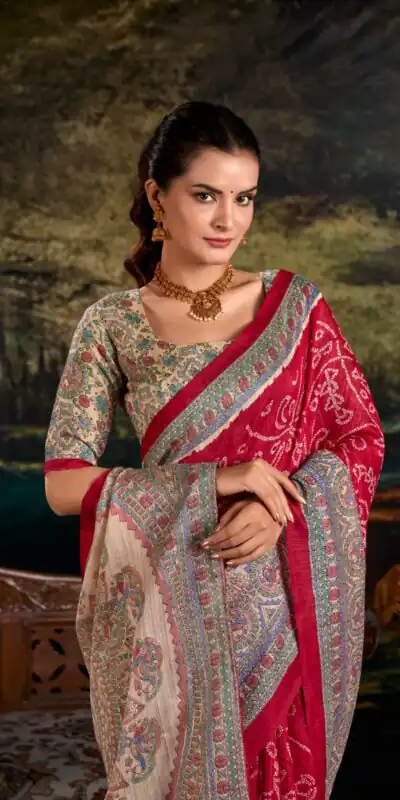 YNF 7209 Maroon Color Green Silk Fusion Print Madhubani Bandhej Saree Casual, Wedding, Festive, Events . Expected Delivery  4-6 Working Days @1499/- only                                                                                | Sarees, Bollywood Sarees, Creative Sarees, Designer Sarees, Embroidered Sarees, Ethnic Saree, Modern Digital sarees, Party Wear Sarees