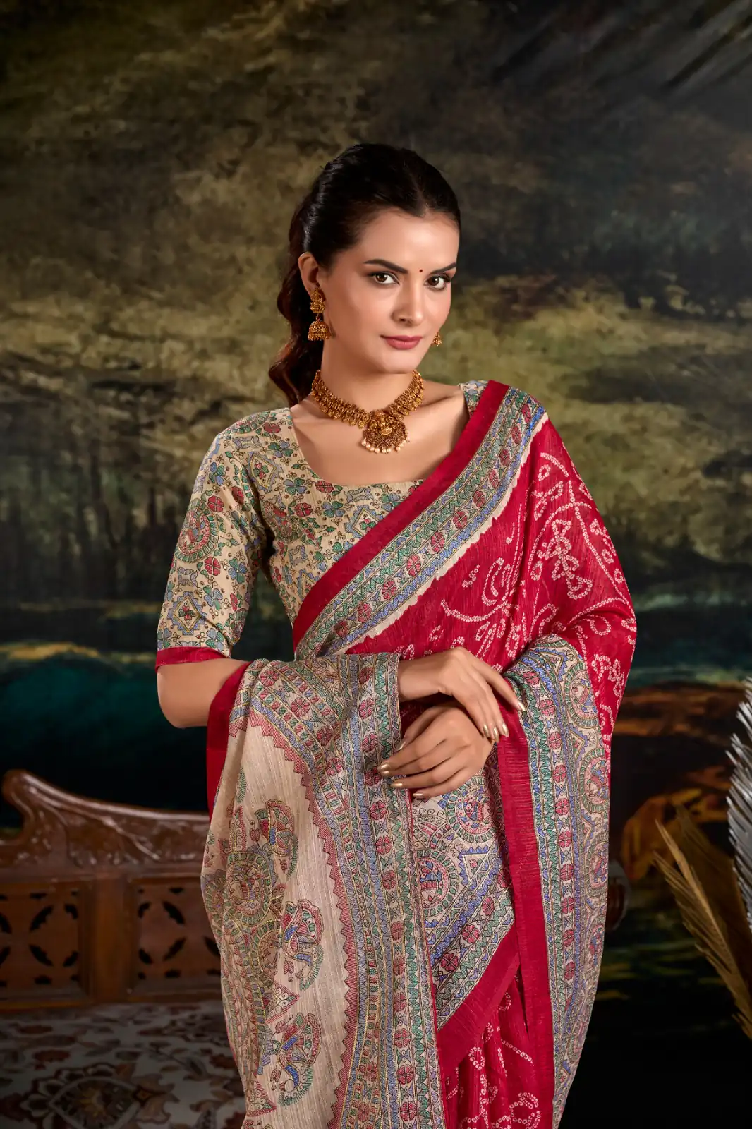 YNF 7209 Maroon Color Green Silk Fusion Print Madhubani Bandhej Saree Casual, Wedding, Festive, Events . Expected Delivery  4-6 Working Days @1499/- only                                                                                | Sarees, Bollywood Sarees, Creative Sarees, Designer Sarees, Embroidered Sarees, Ethnic Saree, Modern Digital sarees, Party Wear Sarees