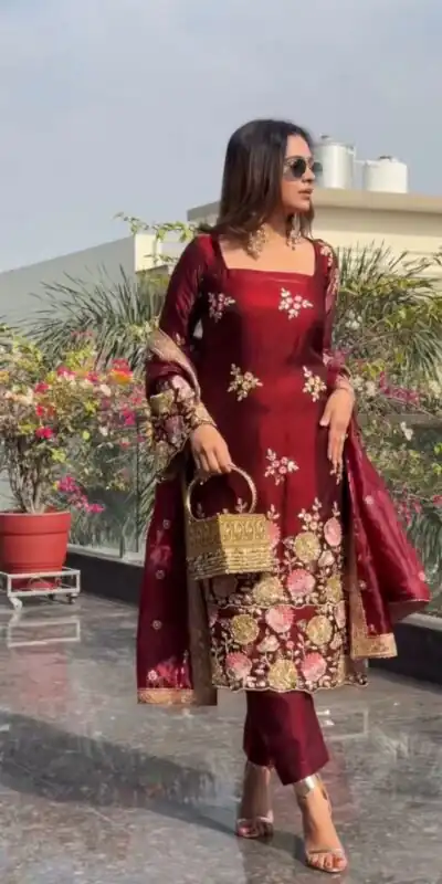 NSR 881 Maroon Organza Poly Silk Salwar Suit with Embroidery Work & Lace Work. Introductory Price ₹209. Delivery 4-6 Working Days. Shop now. | Casual Suits, Jump Suits, Salwar suit, Creative suits, Designer Suits, Palazzo Suits, Party Wear Suits, Patiala Suits, Straight Suits