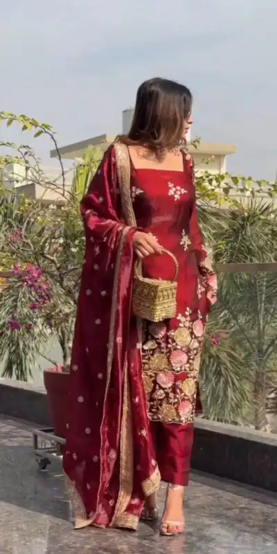 NSR 881 Maroon Organza Poly Silk Salwar Suit with Embroidery Work & Lace Work. Introductory Price ₹209. Delivery 4-6 Working Days. Shop now. | Casual Suits, Jump Suits, Salwar suit, Creative suits, Designer Suits, Palazzo Suits, Party Wear Suits, Patiala Suits, Straight Suits