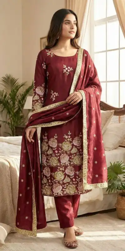 NSR 881 Maroon Organza Poly Silk Salwar Suit with Embroidery Work & Lace Work. Introductory Price ₹209. Delivery 4-6 Working Days. Shop now. | Casual Suits, Jump Suits, Salwar suit, Creative suits, Designer Suits, Palazzo Suits, Party Wear Suits, Patiala Suits, Straight Suits
