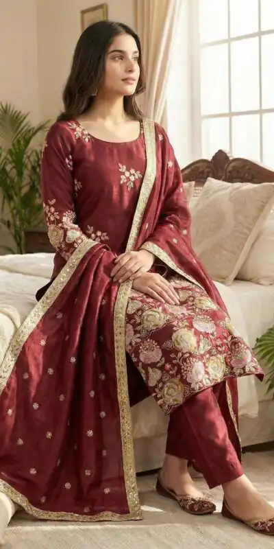 NSR 881 Maroon Organza Poly Silk Salwar Suit with Embroidery Work & Lace Work. Introductory Price ₹209. Delivery 4-6 Working Days. Shop now. | Casual Suits, Jump Suits, Salwar suit, Creative suits, Designer Suits, Palazzo Suits, Party Wear Suits, Patiala Suits, Straight Suits