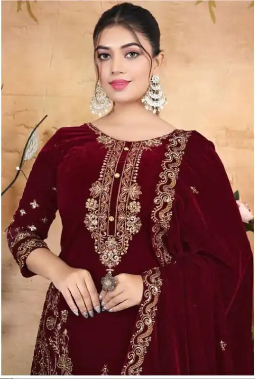 FC 1198 Maroon Velvet Salwar Suit with Embroidery Work & Lace Work. Festive Deal ₹2549. Delivery 4-6 Working Days. Shop now. | Jump Suits, Tops & Bottoms, Track Suits, Salwar suit, Casual Suits, Creative suits, Designer Suits, Palazzo Suits, Party Wear Suits, Patiala Suits, Straight Suits, Trendy Wear