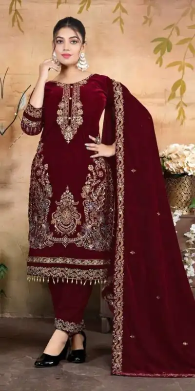 FC 1198 Maroon Velvet Salwar Suit with Embroidery Work & Lace Work. Festive Deal ₹2549. Delivery 4-6 Working Days. Shop now. | Jump Suits, Tops & Bottoms, Track Suits, Salwar suit, Casual Suits, Creative suits, Designer Suits, Palazzo Suits, Party Wear Suits, Patiala Suits, Straight Suits, Trendy Wear
