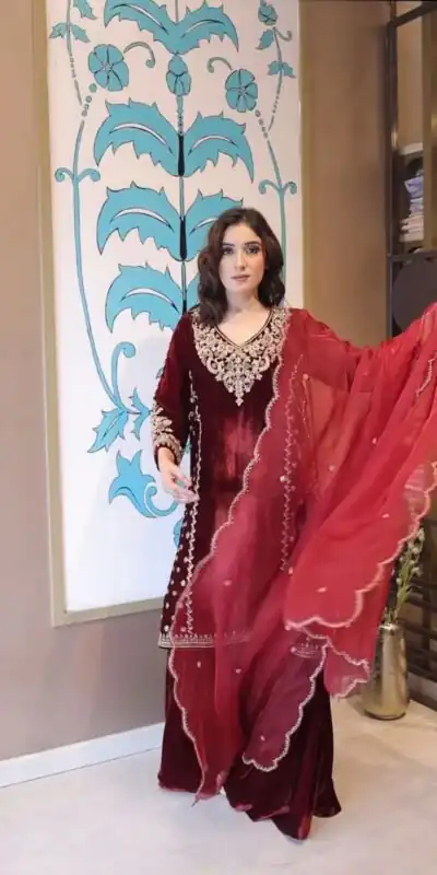 LG 2020 Maroon Velvet Salwar Suit with Embroidery Work. Wedding, Party, Festive, Events, Now at just ₹1899. Delivery 4-6 Working Days. Shop now. | Jump Suits, Tops & Bottoms, Track Suits, Salwar suit, Casual Suits, Creative suits, Designer Suits, Palazzo Suits, Party Wear Suits, Patiala Suits, Straight Suits, Trendy Wear