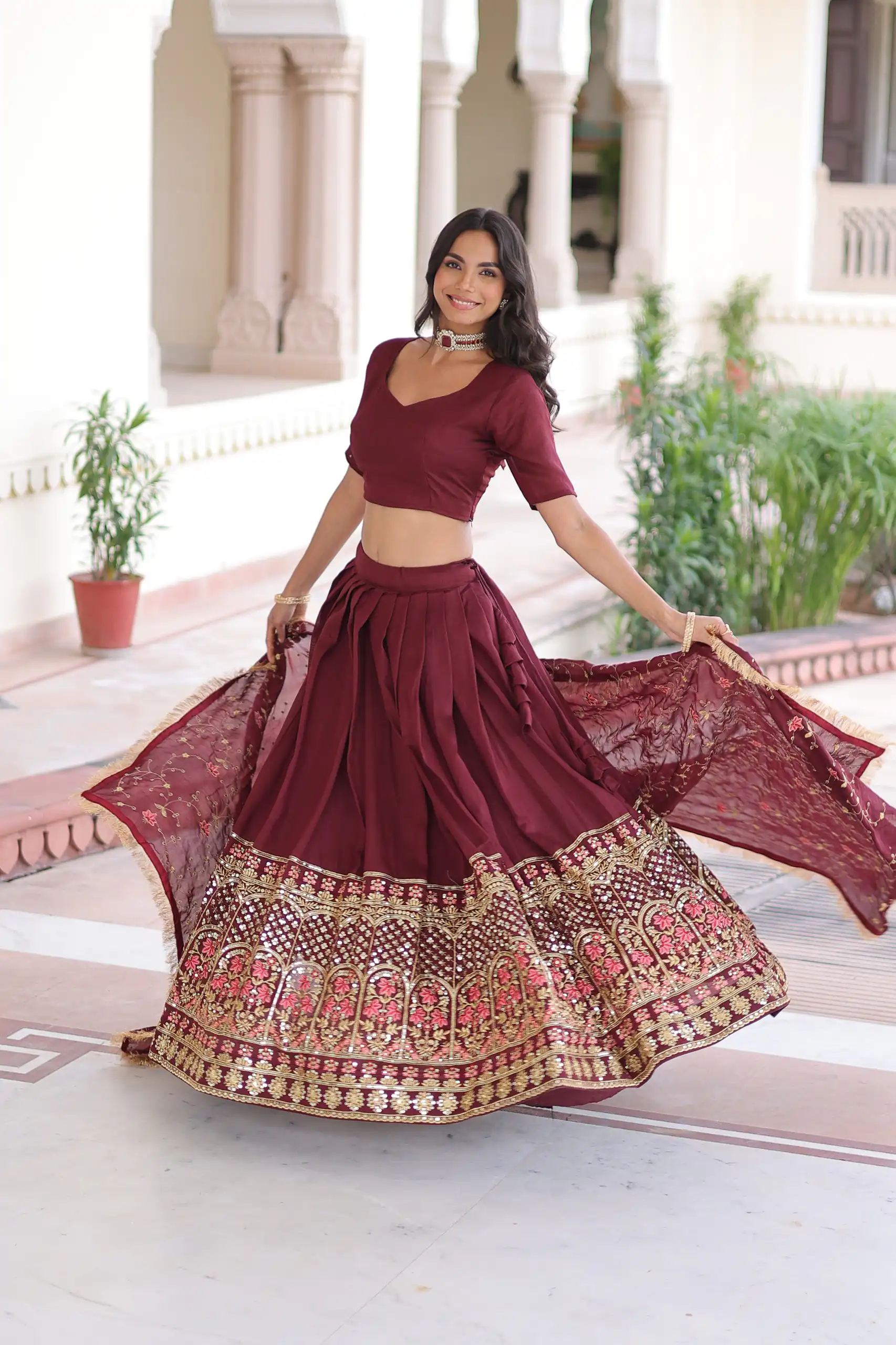 KA 5051 Maroon in Vichitra Silk Embroidery Work & Sequins Work Lehenga Choli . Now at just ₹2499. Delivery 4-6 Working Days. Shop now. | Lehenga, Bollywood Lehenga, Creative Lehenga, Designer Lehenga, Embroidered Lehenga, Party Wear Lehenga