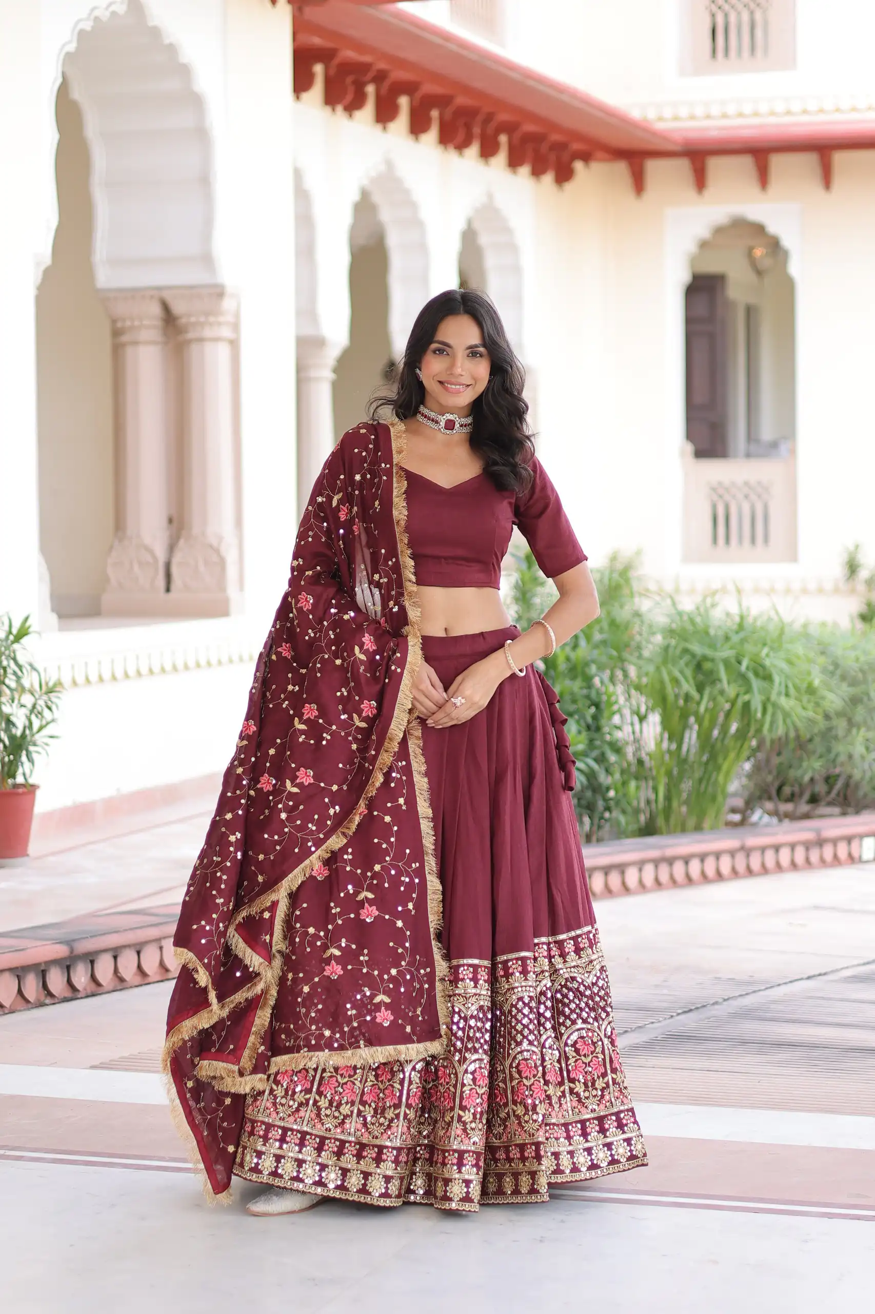 KA 5051 Maroon in Vichitra Silk Embroidery Work & Sequins Work Lehenga Choli . Now at just ₹2499. Delivery 4-6 Working Days. Shop now. | Lehenga, Bollywood Lehenga, Creative Lehenga, Designer Lehenga, Embroidered Lehenga, Party Wear Lehenga