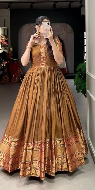 YNF 5316 Mustard Color Narayan pet (cotton) Zari weaving work Gown Casual, Wedding, Festive, Events . Expected Delivery 4-6 Working Days @1799/- only | Gowns, Bollywood Gowns, Creative Gowns, Designer Gowns, Embroidered Gowns, Party Wear Gowns