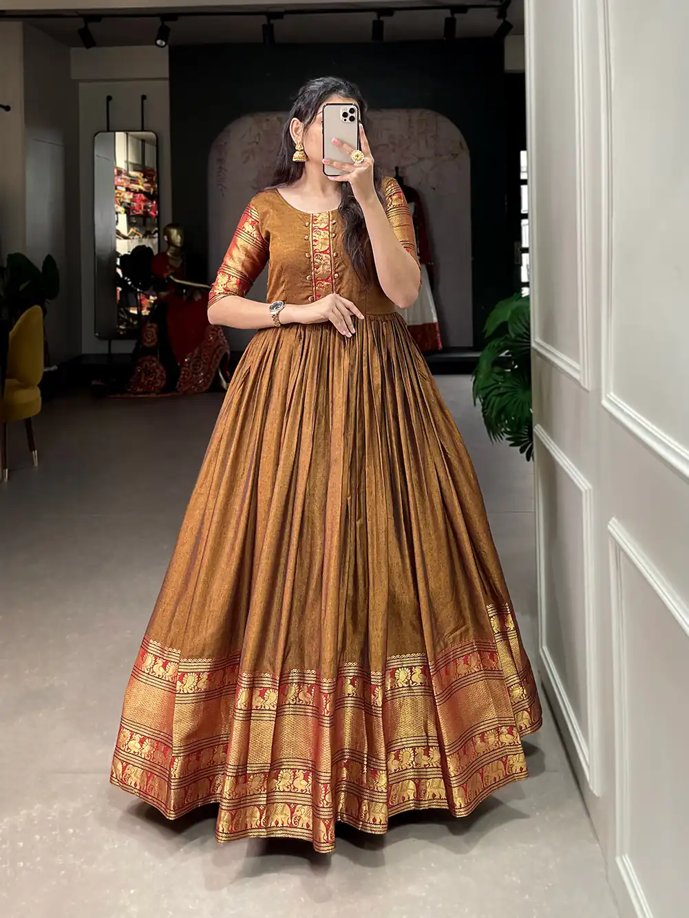 YNF 5316 Mustard Color Narayan pet (cotton) Zari weaving work Gown Casual, Wedding, Festive, Events . Expected Delivery 4-6 Working Days @1799/- only | Gowns, Bollywood Gowns, Creative Gowns, Designer Gowns, Embroidered Gowns, Party Wear Gowns