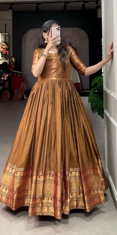 YNF 5316 Mustard Color Narayan pet (cotton) Zari weaving work Gown Casual, Wedding, Festive, Events . Expected Delivery 4-6 Working Days @1799/- only | Gowns, Bollywood Gowns, Creative Gowns, Designer Gowns, Embroidered Gowns, Party Wear Gowns