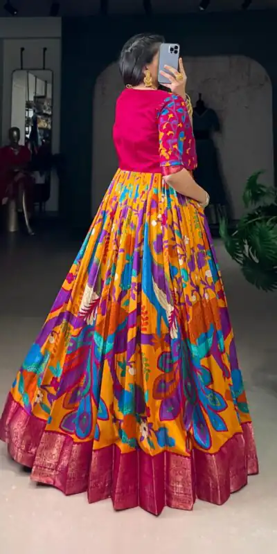 YNF 5035 Mustard in Taser Silk Zari Work & Kalamkari Print Gown . Available at ₹1799 only. Delivery 4-6 Working Days. Shop now. | Gowns, Bollywood Gowns, Creative Gowns, Designer Gowns, Embroidered Gowns, Party Wear Gowns