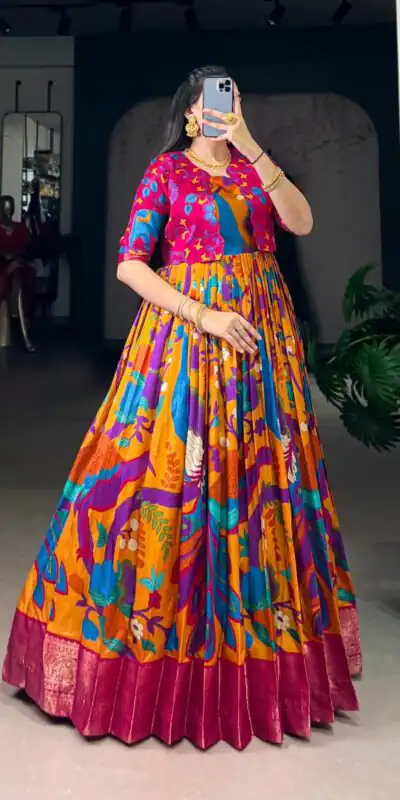 YNF 5035 Mustard in Taser Silk Zari Work & Kalamkari Print Gown . Available at ₹1799 only. Delivery 4-6 Working Days. Shop now. | Gowns, Bollywood Gowns, Creative Gowns, Designer Gowns, Embroidered Gowns, Party Wear Gowns