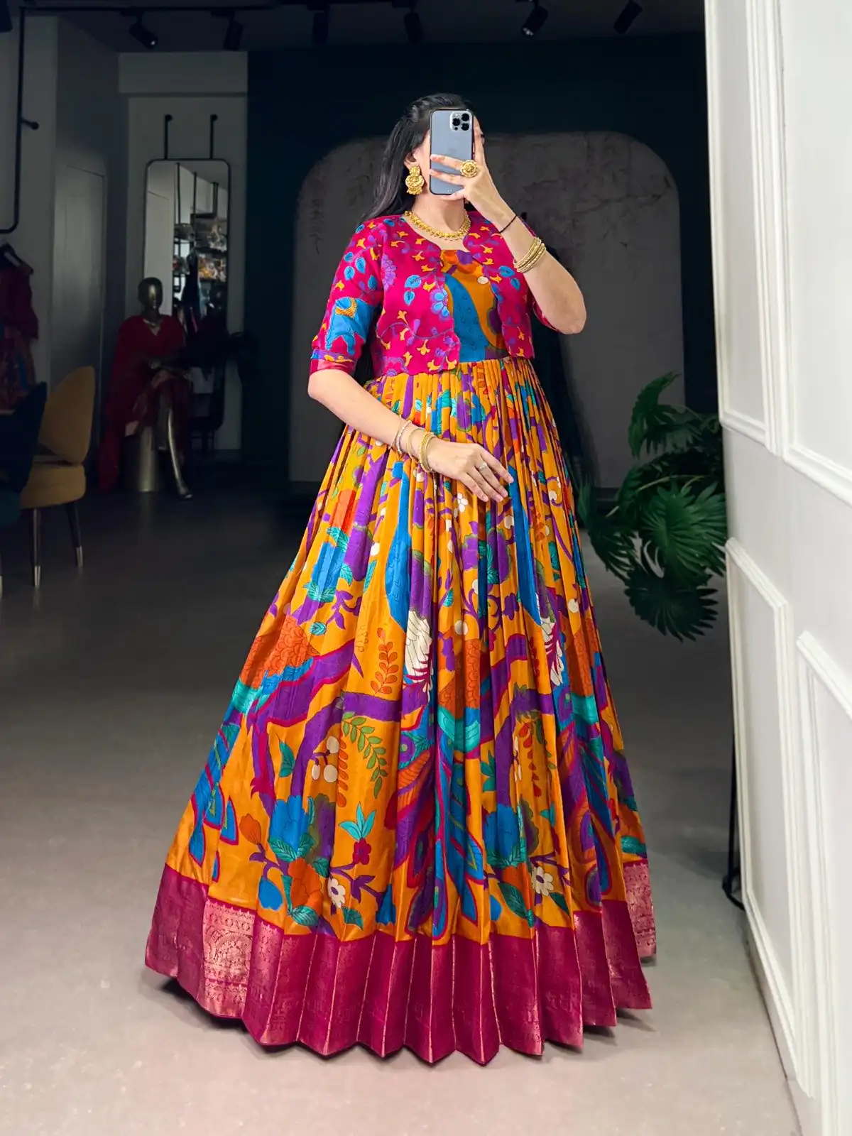 YNF 5035 Mustard in Taser Silk Zari Work & Kalamkari Print Gown . Available at ₹1799 only. Delivery 4-6 Working Days. Shop now. | Gowns, Bollywood Gowns, Creative Gowns, Designer Gowns, Embroidered Gowns, Party Wear Gowns