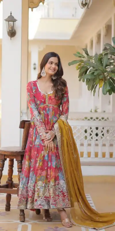 KA 1076 Mustered Russian Silk Gown Perfect for Wedding, Party, Ethnic Day, Haldi, Traditional Day – . Special Price ₹1499. Delivery 4-6 Working Day | Gowns, Bollywood Gowns, Creative Gowns, Designer Gowns, Embroidered Gowns, Party Wear Gowns