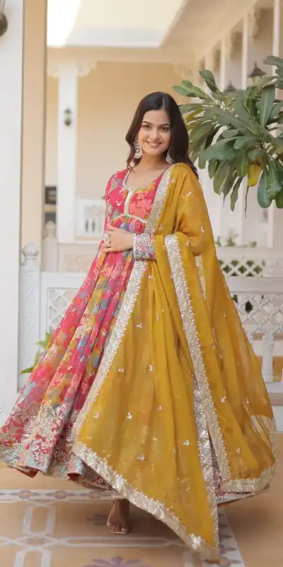 KA 1076 Mustered Russian Silk Gown Perfect for Wedding, Party, Ethnic Day, Haldi, Traditional Day – . Special Price ₹1499. Delivery 4-6 Working Day | Gowns, Bollywood Gowns, Creative Gowns, Designer Gowns, Embroidered Gowns, Party Wear Gowns