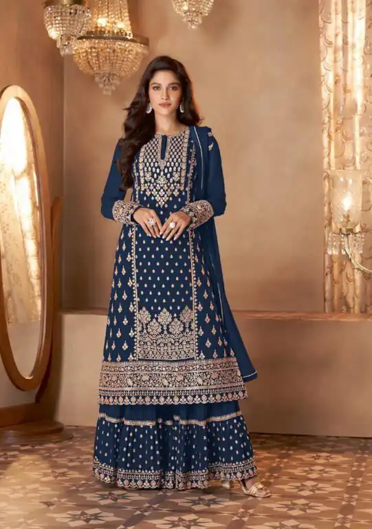 FC 128 Navy Blue Color Georgette Sequins Work Sharara Suit Wedding, Party, Festive, Events Etc. Expected Delivery  4-6 Working Days @2199/- | Jump Suits, Salwar suit, Casual Suits, Creative suits, Designer Suits, Palazzo Suits, Party Wear Suits, Patiala Suits, Straight Suits