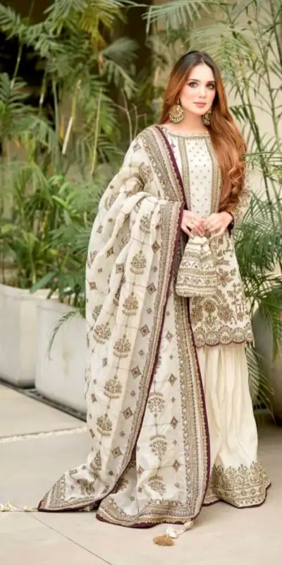 AD 213 Off White Khajuri Crush Georgette Salwar Suit with Lace Work & Embroidery Work. Festive Deal ₹2649. Delivery 4-6 Working Days. Shop now. | Jump Suits, Tops & Bottoms, Track Suits, Salwar suit, Casual Suits, Creative suits, Designer Suits, Palazzo Suits, Party Wear Suits, Patiala Suits, Straight Suits, Trendy Wear