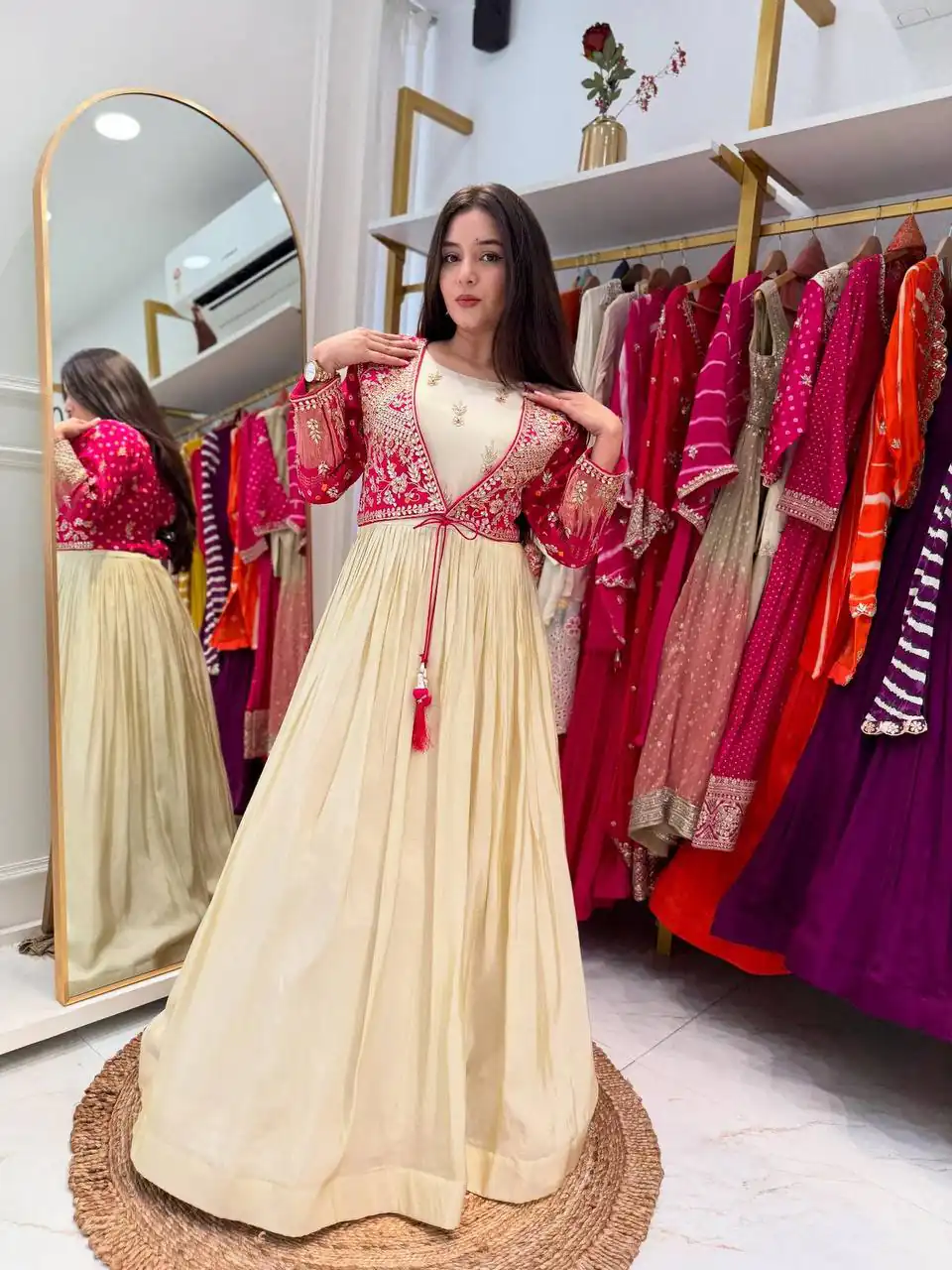 BT 5022 Off White Mono Silk Gown Perfect for Wedding, Party, Housewarming, Sangeet, Pongal – . Available at ₹2149 only. Delivery 4-6 Working Days. | Gowns, Bollywood Gowns, Creative Gowns, Designer Gowns, Embroidered Gowns, Party Wear Gowns