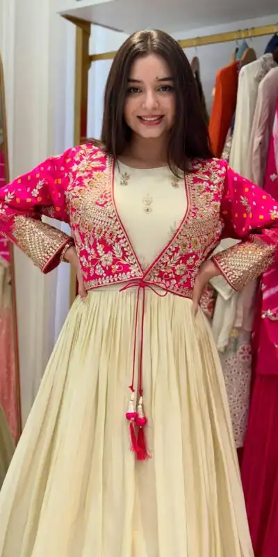 BT 5022 Off White Mono Silk Gown Perfect for Wedding, Party, Housewarming, Sangeet, Pongal – . Available at ₹2149 only. Delivery 4-6 Working Days. | Gowns, Bollywood Gowns, Creative Gowns, Designer Gowns, Embroidered Gowns, Party Wear Gowns