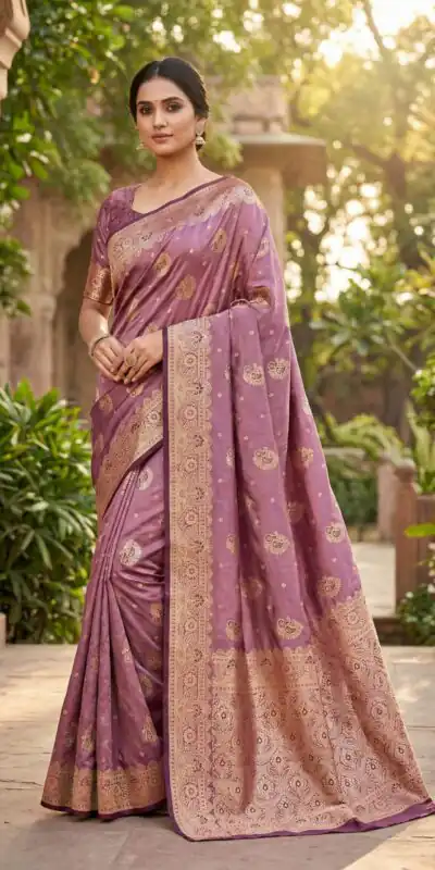 Onion Satin Silk Lace Zari Work Saree